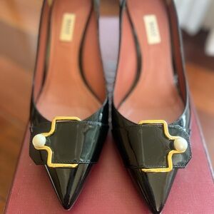 Bally Black Patent Pointed Toe Heels with Gold Trim & Pearl Accent